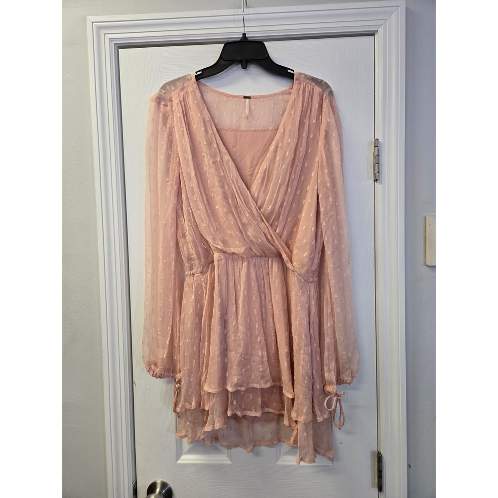 Free People Pink Clip Dot Surplice Mini Dress Long Sleeve Tiered Ruffle XS Fairy